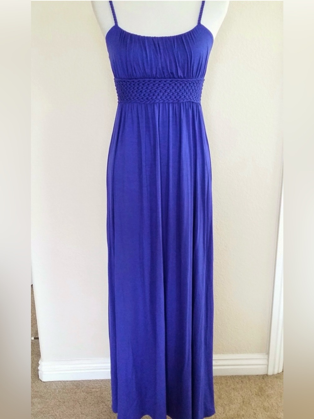 Aqua Cobalt Blue Spaghetti-Strap Maxi Dress with Braided Waist